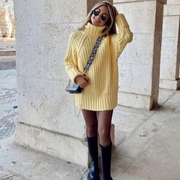 zara dress sweater Off The Shoulder Mini Round neck and long drop Oversized Yellow Sweater Dresses Zara